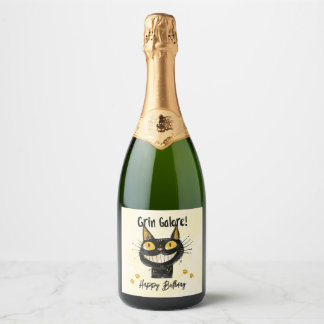 Cute Black Cat Happy Birthday Sparkling Wine Label