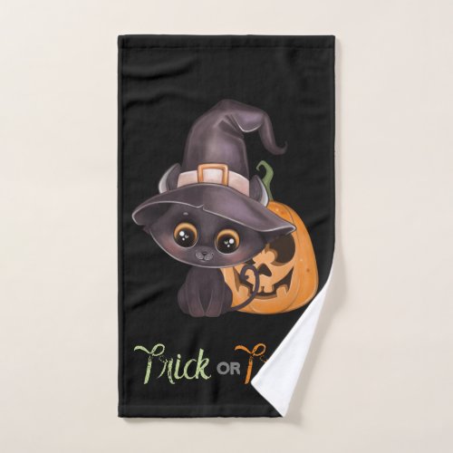 Cute black cat Happy Halloween carved pumpkin Hand Towel