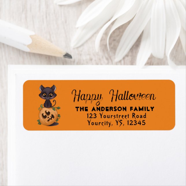 Cute black cat Happy Halloween carved pumpkin Labe Label (Insitu)