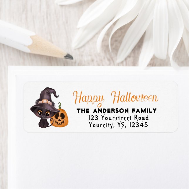 Cute black cat Happy Halloween carved pumpkin Label (Insitu)