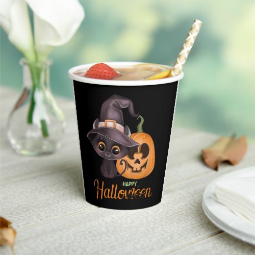 Cute black cat Happy Halloween carved pumpkin Paper Cups