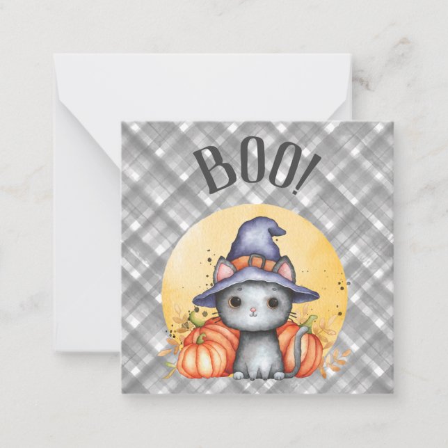 Cute Black Cat Happy Halloween Note Card (Front)