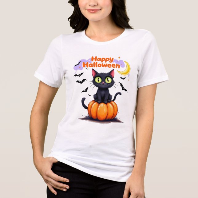Cute Black Cat Happy Halloween T-Shirt Tri-Blend Shirt (Front)