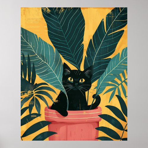 Cute Black Cat Hiding in Home Plant Illustration Poster