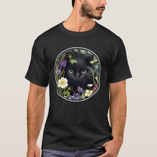 Cute Black Cat Hiding in Spring Flowers Aesthetic  T-Shirt (Front)