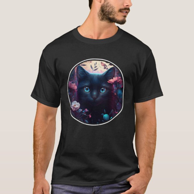 Cute Black Cat Hiding in Spring Flowers Aesthetic  T-Shirt (Front)