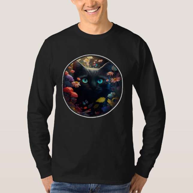 Cute Black Cat Hiding in Spring Flowers Aesthetic  T-Shirt (Front)