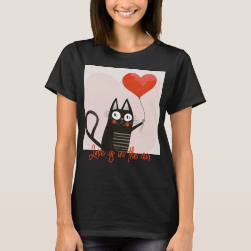 Cute Black Cat Holding Heart Balloon T_Shirt