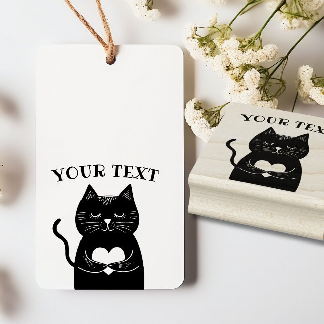 Cute Black Cat Holding Heart Custom Text Rubber Stamp (Creator Uploaded)