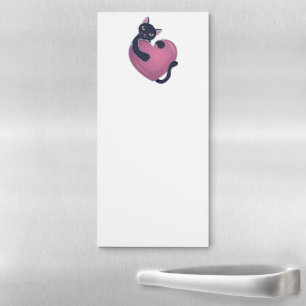 Cute Black Cat Holding onto Big Heart Magnetic Notepad