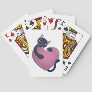 Cute Black Cat Holding onto Big Heart Poker Cards