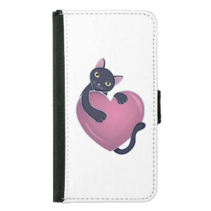 Cute Black Cat Holding onto Big Heart Samsung Galaxy S5 Wallet Case