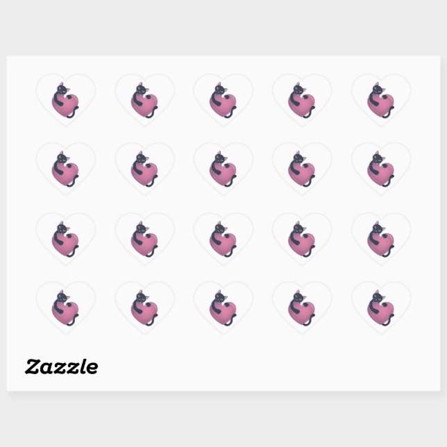 Cute Black Cat Holding onto Big Heart Sticker (Sheet)