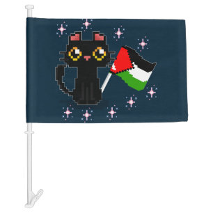 cute black cat holds Palestine flag
