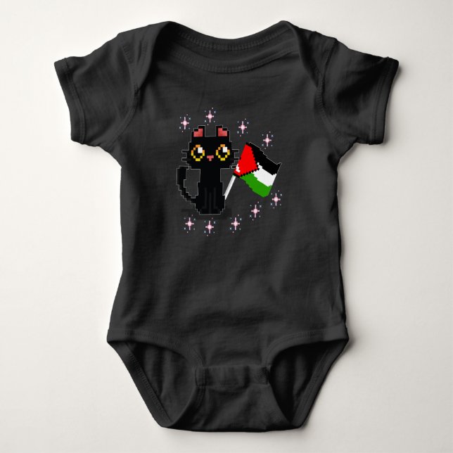 cute black cat holds Palestine flag  Baby Bodysuit (Front)
