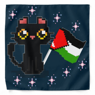 cute black cat holds Palestine flag Bandana