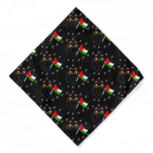 cute black cat holds Palestine flag Bandana