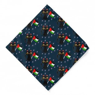 cute black cat holds Palestine flag Bandana