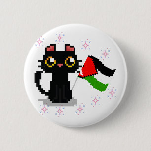 cute black cat holds Palestine flag Button