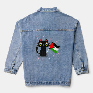 cute black cat holds Palestine flag Denim Jacket