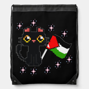 cute black cat holds Palestine flag  Drawstring Bag