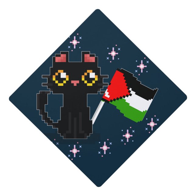 cute black cat holds Palestine flag Graduation Cap Topper (Front)