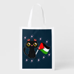 cute black cat holds Palestine flag  Grocery Bag