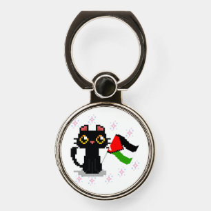 cute black cat holds Palestine flag Phone Ring Stand