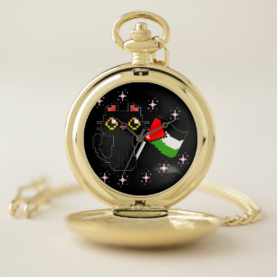 cute black cat holds Palestine flag Pocket Watch