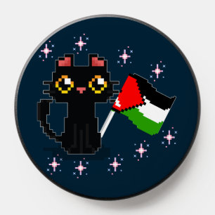 cute black cat holds Palestine flag PopSocket