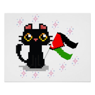 cute black cat holds Palestine flag Poster
