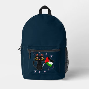 cute black cat holds Palestine flag Printed Backpack