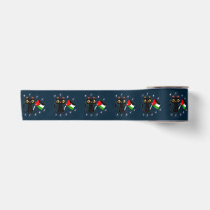 cute black cat holds Palestine flag Satin Ribbon