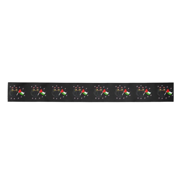 cute black cat holds Palestine flag Satin Ribbon (Front)