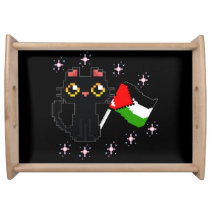cute black cat holds Palestine flag Serving Tray
