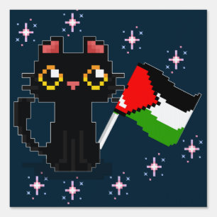cute black cat holds Palestine flag Sign