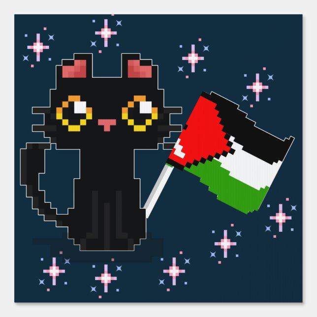 cute black cat holds Palestine flag Sign (Front)