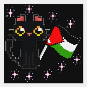 cute black cat holds Palestine flag Sign