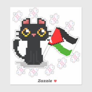 cute black cat holds Palestine flag Sticker