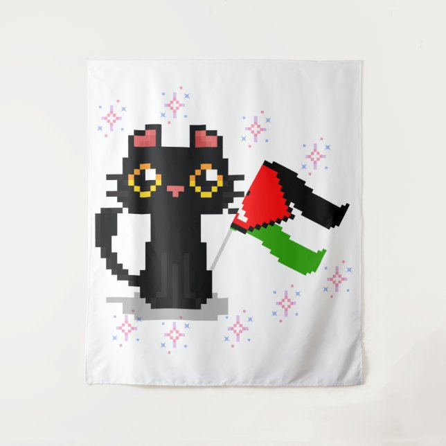 cute black cat holds Palestine flag Tapestry (Front)