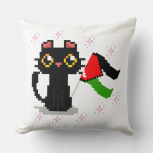 cute black cat holds Palestine flag Throw Pillow