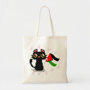 cute black cat holds Palestine flag  Tote Bag