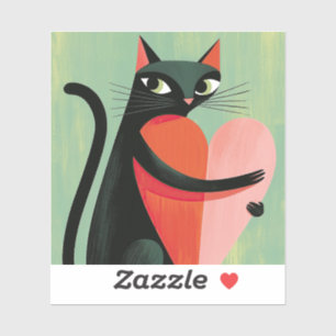 Cute Black Cat Hugging Heart Sage Green Sticker