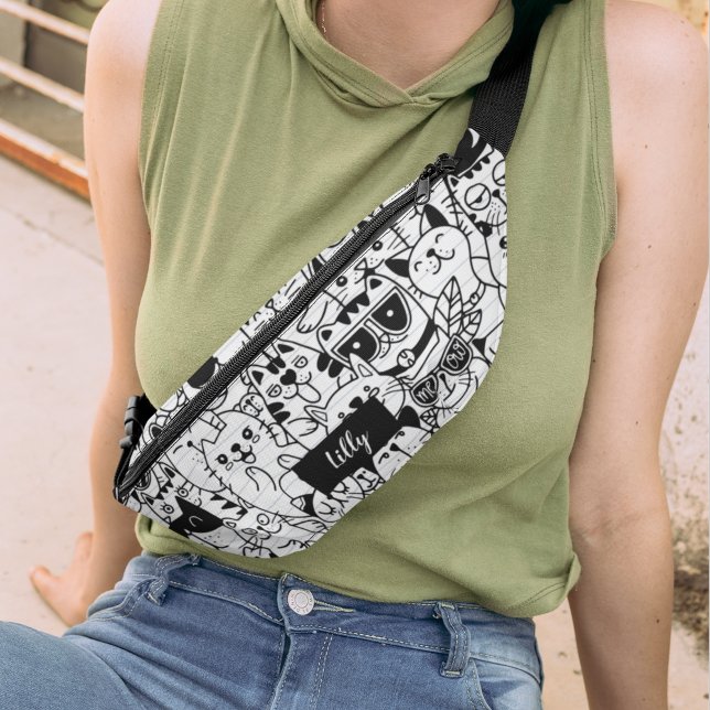 Cute Black Cat Illustration Kitty Drawing Monogram Fanny Pack (Creator Uploaded)