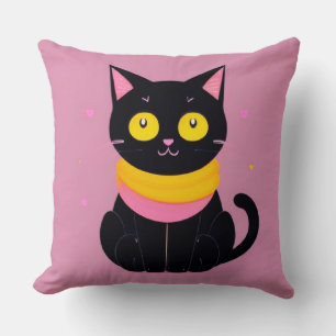 Cute Black Cat Illustration Throw Pillow