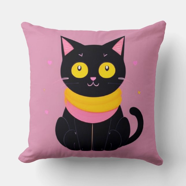 Cute Black Cat Illustration Throw Pillow (Front)