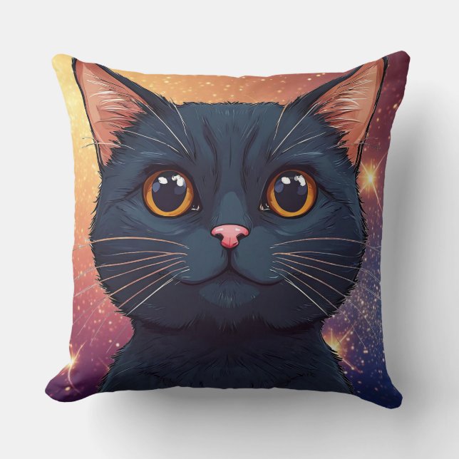 Cute Black Cat Illustration Throw Pillow (Front)