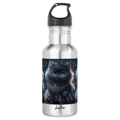 Cute Black Cat in a Black Dress Personalized Name Stainless Steel Water Bottle