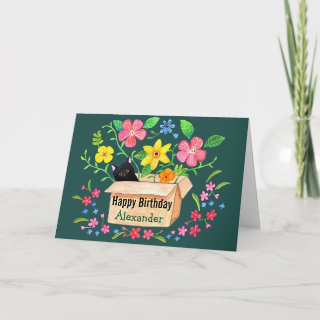 Cute Black Cat in a Box Custom Name Text Birthday Card (Front)