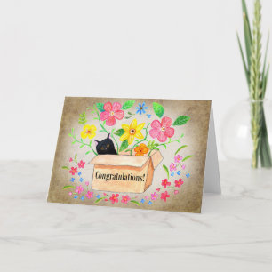 Cute Black Cat in a Box Floral Congratulations  Card